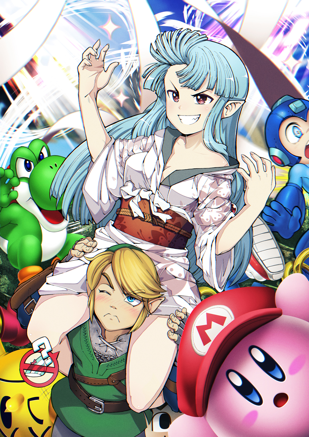 &gt;:d 1girl 2boys :d ? belt blonde_hair blue_hair blush blush_stickers breasts carrying cleavage crossover doubutsu_no_mori draw-till-death elf fingerless_gloves gloves grin hat highres japanese_clothes kimono kirby kirby_(series) kiriha_(tsugumomo) link long_hair looking_at_viewer multiple_boys obi off_shoulder one_eye_closed open_mouth pac-man pac-man_(game) piggyback pointy_ears red_eyes rockman rockman_(character) sash shoulder_carry smile solo sonic sonic_the_hedgehog spoken_object super_mario_bros. super_smash_bros. teeth the_legend_of_zelda the_legend_of_zelda:_twilight_princess tsugumomo villager_(doubutsu_no_mori) yoshi