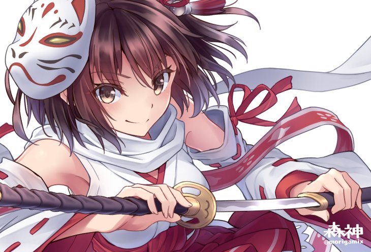 1girl alternate_costume brown_eyes brown_hair commentary_request detached_sleeves fox_mask kantai_collection katana mask mask_on_head morigami_(morigami_no_yashiro) ribbon-trimmed_sleeves ribbon_trim scarf sendai_(kantai_collection) sheath short_hair smile solo sword twitter_username unsheathing upper_body weapon white_background wide_sleeves