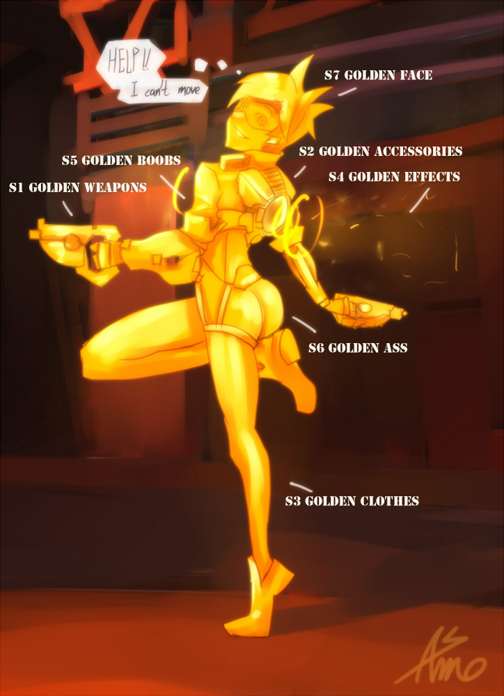 1girl artist_name asmo_deus ass bodysuit bomber_jacket brown_hair dual_wielding english full_body gloves goggles gold gun handgun jacket looking_at_viewer looking_back overwatch pistol pose short_hair signature smile solo spiky_hair standing standing_on_one_leg thought_bubble tracer_(overwatch) weapon