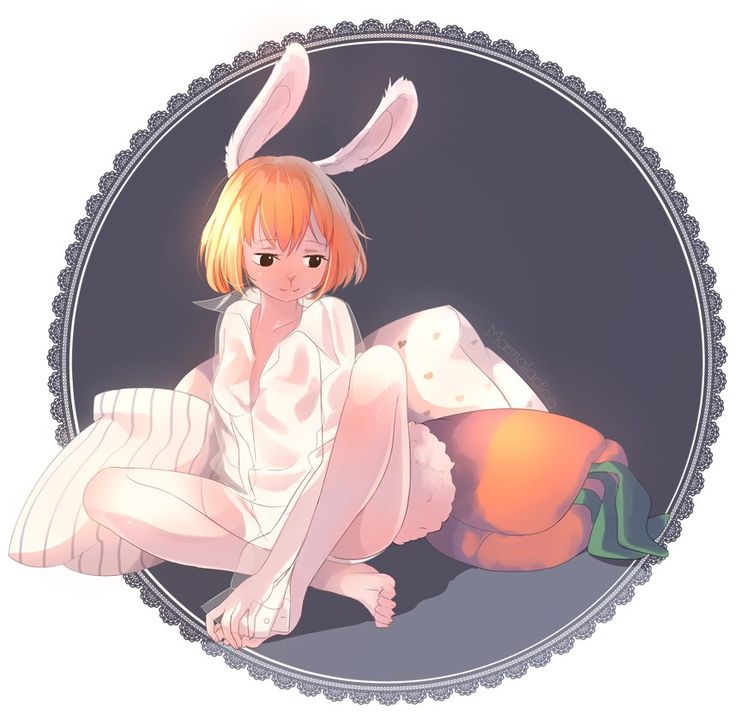 1girl artist_request bangs barefoot carrot_(one_piece) carrot_pillow furry heart_print one_piece pillow rabbit_ears sitting solo transparent_shirt