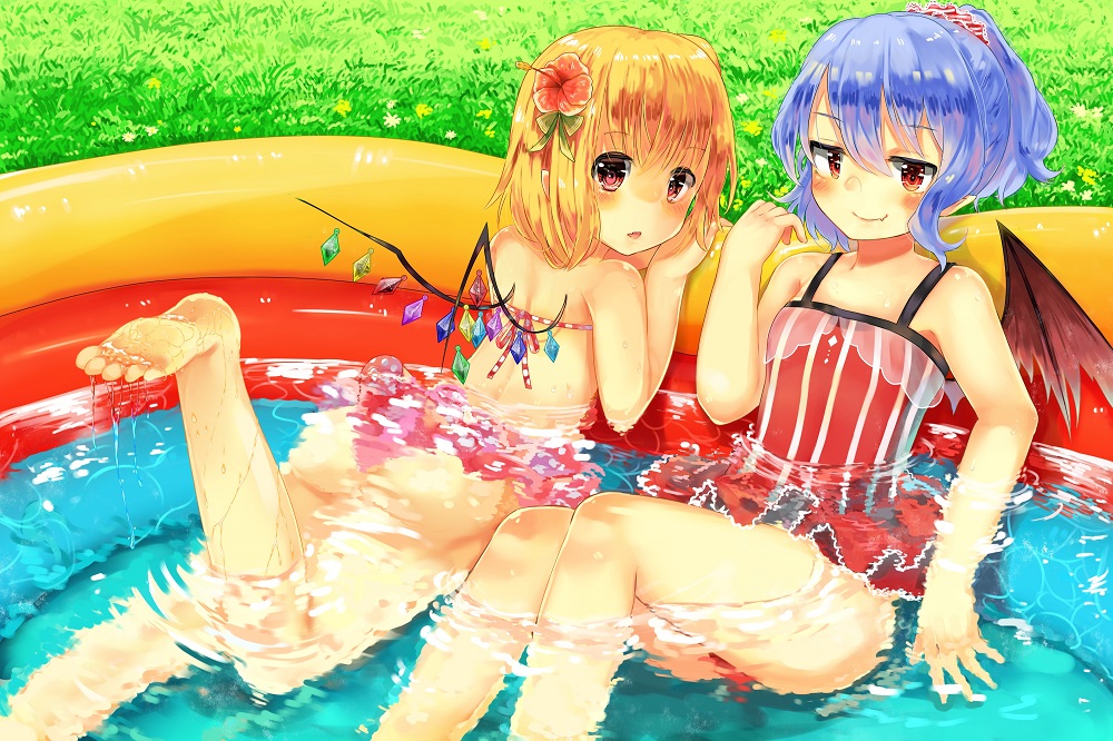 2girls alternate_costume alternate_hairstyle arm_support bare_arms bare_legs barefoot bat_wings bikini bikini_skirt blush breasts crystal fang_out feet flandre_scarlet flower from_behind grass hair_between_eyes hair_flower hair_ornament lavender_hair lying midriff multiple_girls niseneko_(mofumofu_ga_ienai) on_stomach one-piece_swimsuit open_mouth partially_submerged pink_bikini pool red_eyes red_swimsuit remilia_scarlet short_hair short_ponytail siblings side_ponytail sisters sitting small_breasts smile soles swimsuit thighs toes touhou vampire wading_pool water wavy_hair wings