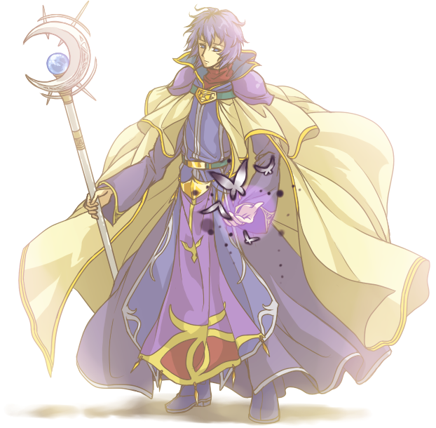 1boy arano_hachi blue_eyes blue_hair boots butterfly cape crescent expressionless fire_emblem fire_emblem:_akatsuki_no_megami long_hair long_sleeves magic male_focus pelleas robe simple_background solo staff white_background
