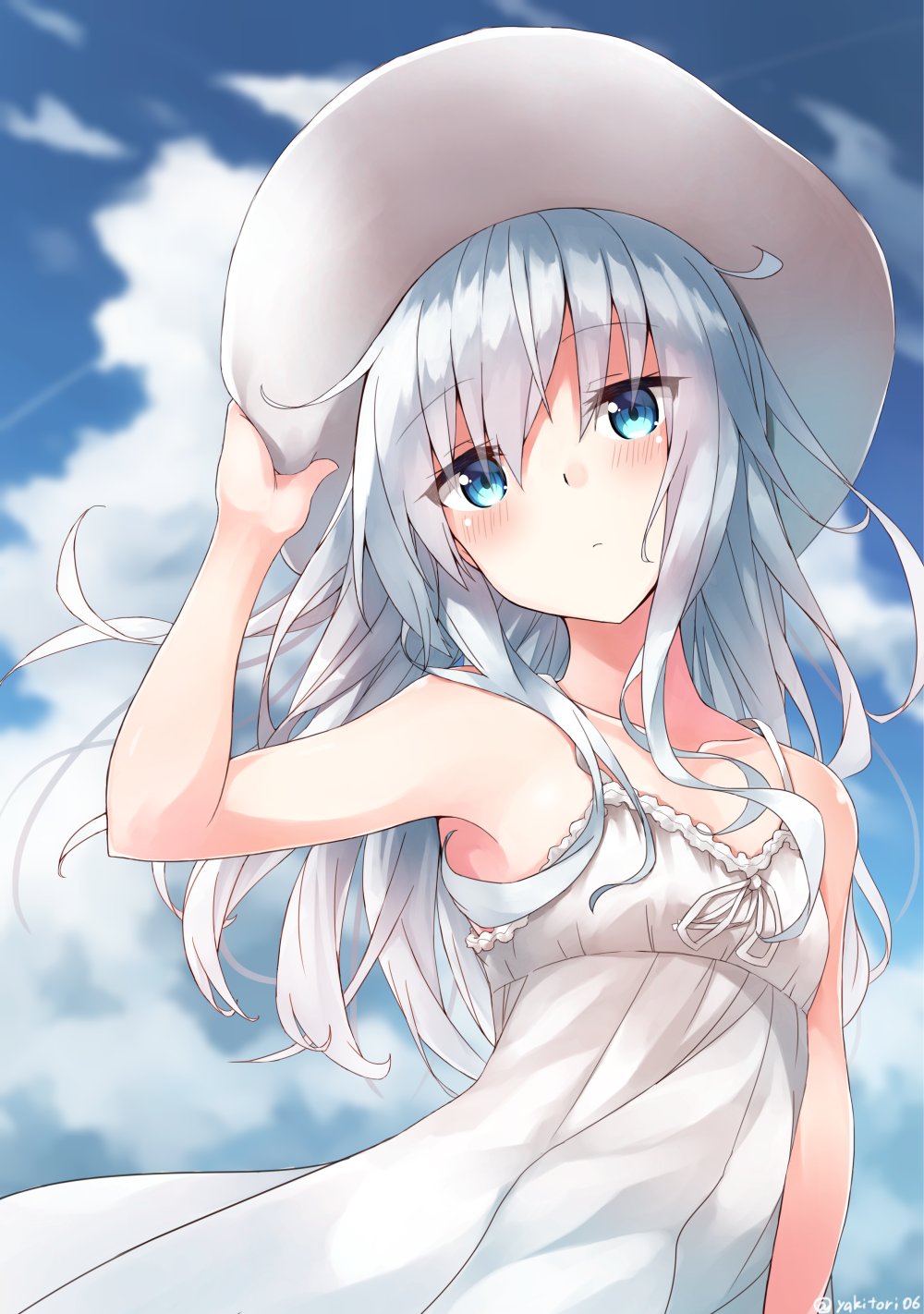 1girl arm_at_side arm_up armpits artist_name bare_shoulders blue_eyes blue_sky blush closed_mouth clouds collarbone day dress eyebrows eyebrows_visible_through_hair floating_hair hat head_tilt hibiki_(kantai_collection) highres holding holding_hat kantai_collection long_hair looking_afar outdoors ribbon signature silver_hair sky sleeveless sleeveless_dress solo sun_hat sundress upper_body very_long_hair white_dress white_hat white_ribbon wind yakitori_(yakitori06)