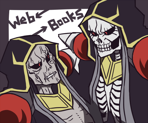 2boys ainz_ooal_gown artist_request collar comparison english grey_skin hood looking_at_another multiple_boys multiple_persona overlord_(maruyama) red_eyes robe skeleton undead