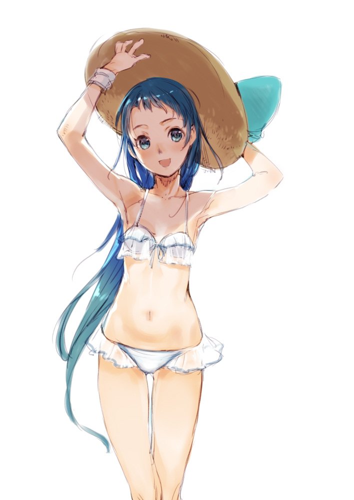 1girl :d alternate_costume aqua_hair armpits arms_up bikini bikini_skirt blue_eyes blue_hair branch_(blackrabbits) breasts gradient_hair hat holding holding_hat kantai_collection long_hair looking_at_viewer midriff multicolored_hair navel open_mouth samidare_(kantai_collection) simple_background small_breasts smile solo straw_hat swimsuit very_long_hair white_background white_bikini