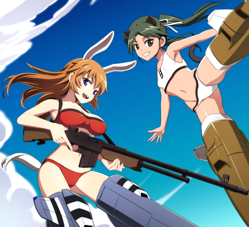 2girls animal_ears armpits bikini black_eyes black_hair blue_eyes browning_automatic_rifle bunny_tail cat_ears cat_tail charlotte_e_yeager francesca_lucchini grin gun hair_ribbon long_hair looking_at_viewer midriff multiple_girls nanashino navel open_mouth orange_hair rabbit_ears ribbon smile strike_witches striker_unit swimsuit tail trigger_discipline twintails weapon