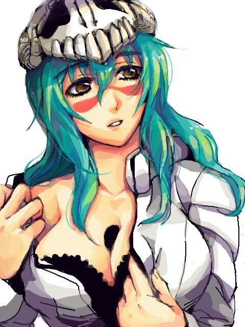 1girl arrancar black_bra bleach bra breasts cleavage facial_mark green_hair hole_in_chest jacket large_breasts long_hair nelliel_tu_odelschwanck open_clothes open_jacket sketch skull solo underwear undressing