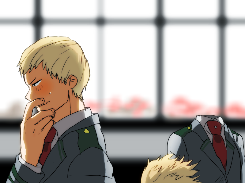 1boy 1girl blazer blonde_hair blurry blush boku_no_hero_academia depth_of_field hagakure_tooru hand_on_own_face invisible jacket looking_down necktie ojiro_mashirao red_necktie school_uniform short_hair sweatdrop tail upper_body window yagiushi_(sinnpatilove)