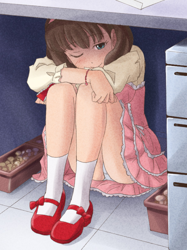 1girl blush bracelet brown_hair crossed_arms desk dress green_eyes hairband idolmaster idolmaster_cinderella_girls jewelry lielos looking_at_viewer mary_janes mushroom one_eye_closed panties pantyshot pantyshot_(sitting) red_shoes sakuma_mayu shoes short_hair sitting smile solo under_table underwear upskirt white_panties