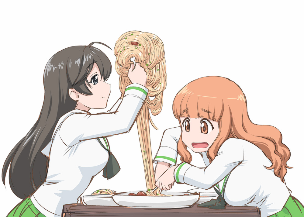 2girls ahoge black_eyes black_hair brown_eyes brown_hair castle_of_cagliostro food fork girls_und_panzer isuzu_hana knife long_hair lupin_iii meatball multiple_girls pasta plate school_uniform serafuku sitting skirt spaghetti spaghetti_and_meatballs table takebe_saori ueyama_michirou you're_doing_it_wrong