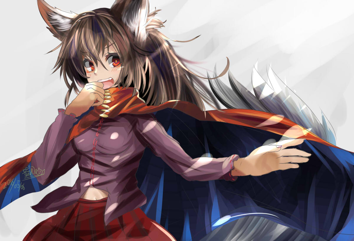 &gt;:o 1girl :o animal_ears blush brown_hair dated houdukixx imaizumi_kagerou long_hair long_sleeves looking_away navel open_mouth purple_shirt red_cape red_eyes red_skirt sekibanki sekibanki_(cosplay) shirt signature skirt solo tail touhou upper_body wolf_ears wolf_tail