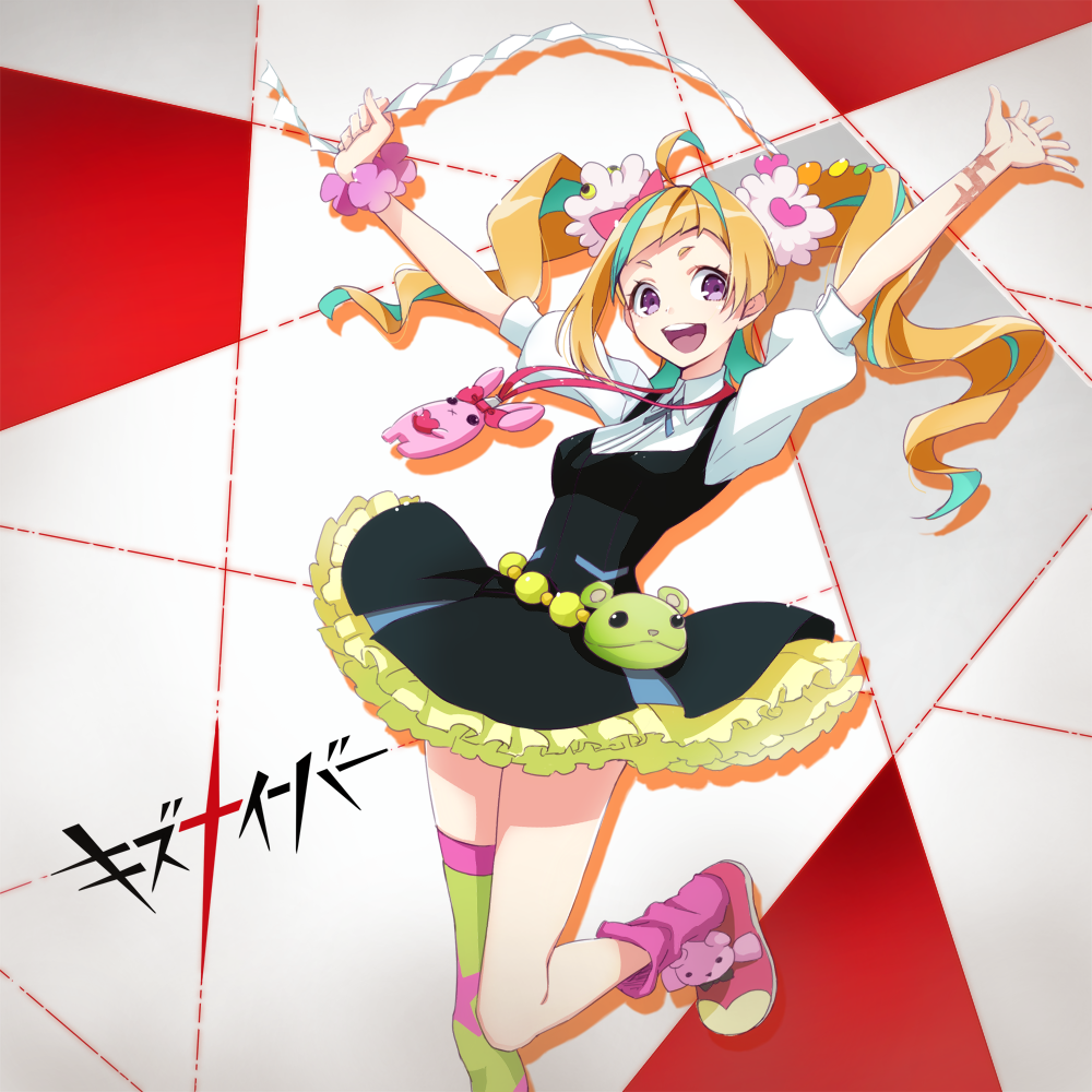 1girl :d ahoge arms_up asymmetrical_hair asymmetrical_legwear belt belt_pouch black_dress breasts cako_asida copyright_name dress flower frilled_dress frills hair_flower hair_ornament kiznaiver leg_up looking_at_viewer multicolored_hair niiyama_nico niyama_nico open_mouth orange_hair pinafore_dress pink_flower pocket puffy_short_sleeves puffy_sleeves school_uniform short_sleeves single_thighhigh smile solo standing standing_on_one_leg streaked_hair teeth thigh-highs twintails violet_eyes white_dress