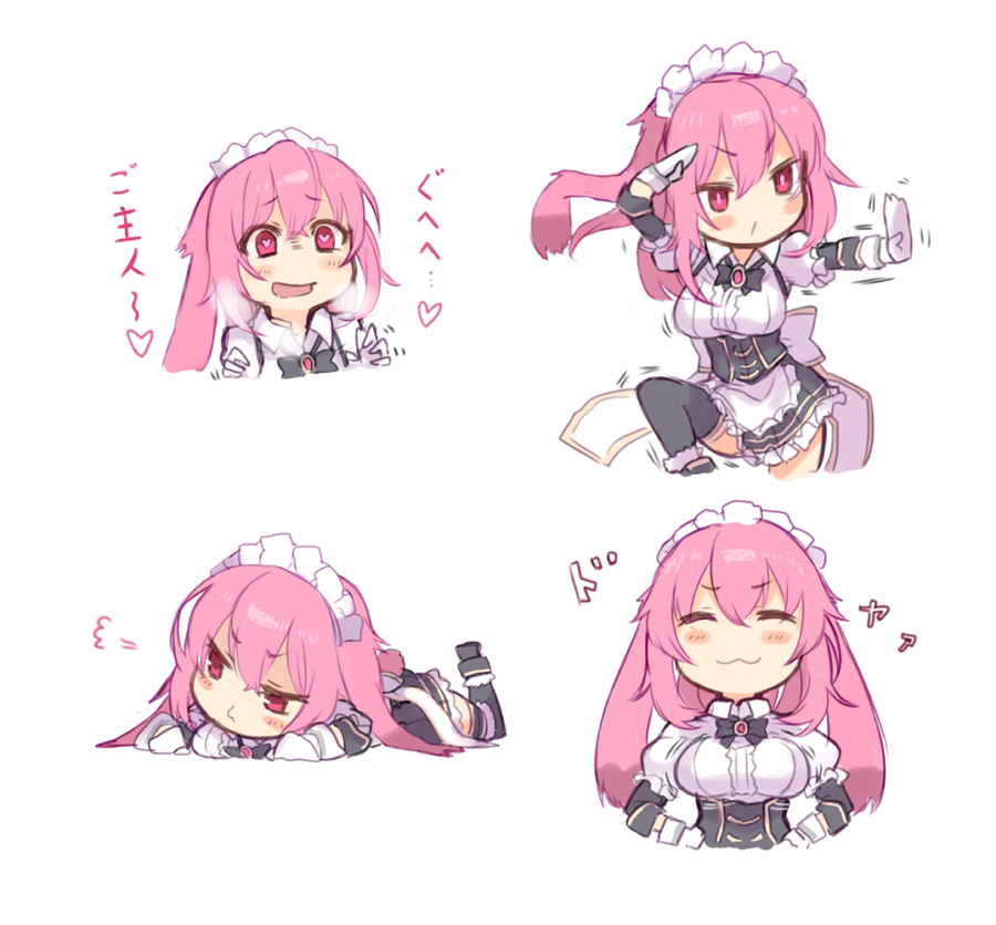 1girl :3 blush borrowed_character breasts bright_pupils chibi closed_eyes expressions fighting_stance ganesagi hand_on_hips hands_on_hips heart heart-shaped_pupils heavy_breathing lying maid_headdress momo_(shirogane_usagi) multiple_views on_stomach original pink_eyes pink_hair pout simple_background smile solo symbol-shaped_pupils upper_body white_background