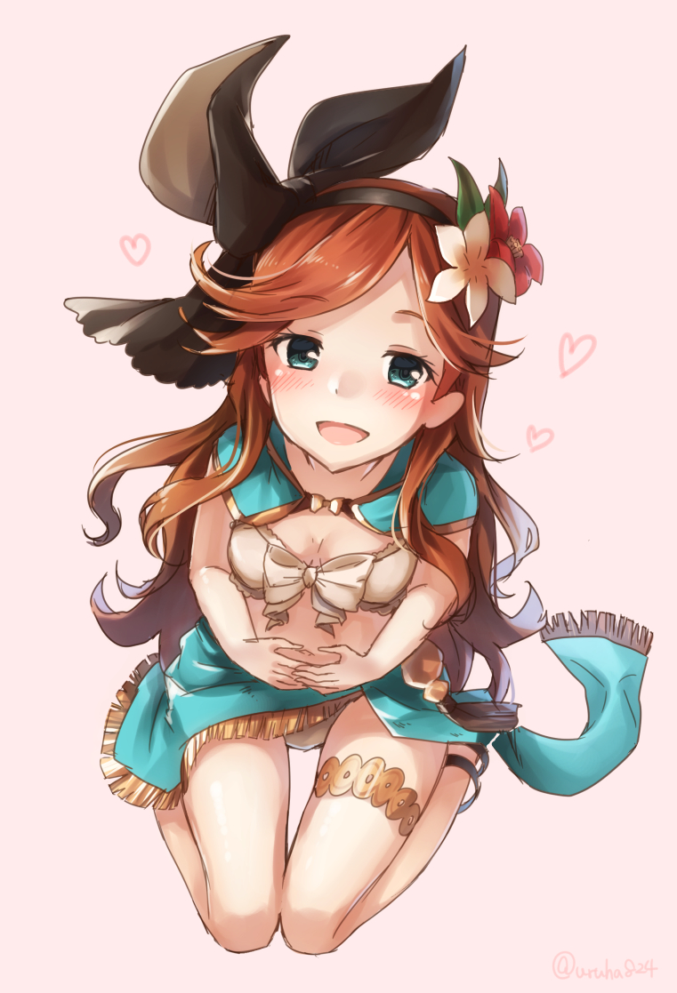 1girl :d aqua_skirt blue_eyes blush bracelet breasts cape cleavage commentary_request from_above front-tie_top granblue_fantasy hair_ornament hair_ribbon hairband jewelry long_hair looking_at_viewer midriff navel open_mouth orange_hair plump red_background ribbon sara_(granblue_fantasy) sitting sketch small_breasts smile solo twitter_username uruha_(yw1109)