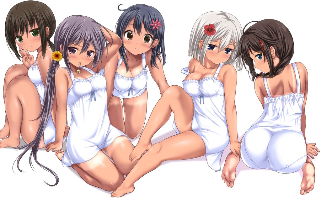 5girls :o accessory_tan akebono_(kantai_collection) all_fours alternate_costume alternate_hairstyle arm_support ass bare_shoulders barefoot black_hair blue_eyes braid breasts brown_eyes cleavage dress error feet flower from_behind fubuki_(kantai_collection) full_body green_eyes hair_between_eyes hair_flower hair_ornament hamakaze_(kantai_collection) hands_on_feet kantai_collection large_breasts long_hair looking_at_viewer mouth_hold multiple_girls nijimotohiro_k pantylines purple_hair shigure_(kantai_collection) short_dress short_hair silver_hair simple_background single_braid sitting small_breasts soles strap_slip sundress tan tanline thighs toes ushio_(kantai_collection) violet_eyes wariza white_dress yokozuwari