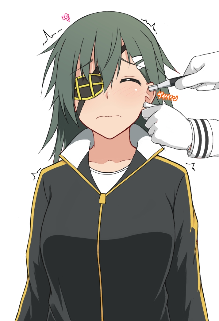 1girl alternate_costume blush breasts closed_eyes commentary_request eyepatch gloves green_hair hair_between_eyes hair_ornament hairclip jacket kantai_collection kiso_(kantai_collection) long_sleeves medium_breasts nikonikosiro short_hair solo_focus track_jacket trembling wavy_mouth white_gloves zipper