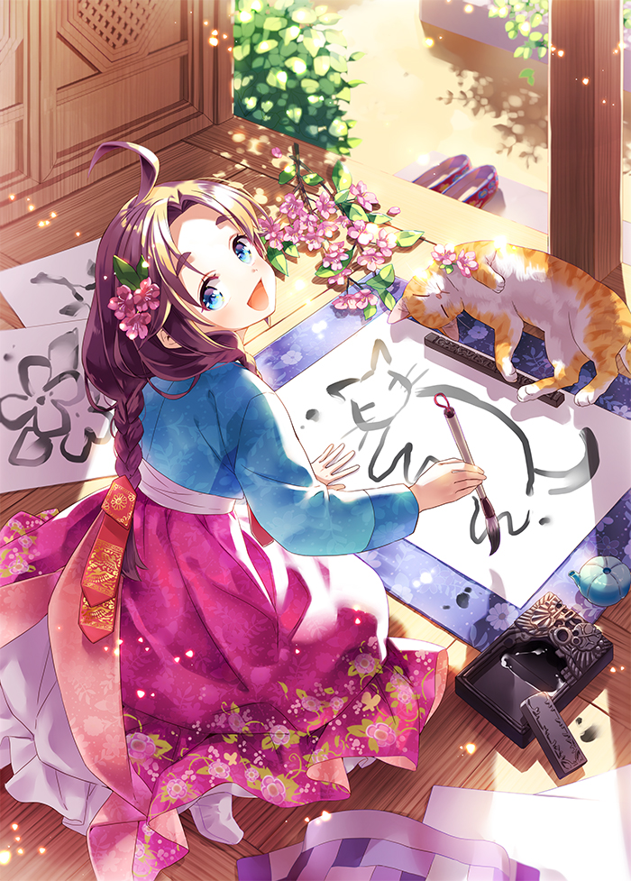 1girl :d ahoge bangs blue_eyes blush braid brown_hair calligraphy calligraphy_brush cat floral_print flower from_above hair_flower hair_ornament hanbok holding inkstone korean_clothes long_hair looking_up lying on_floor on_side open_mouth original paintbrush paper parted_bangs pink_skirt plant ponytail shoes_removed silhouette sitting skirt smile teapot very_long_hair wooden_floor zenyu