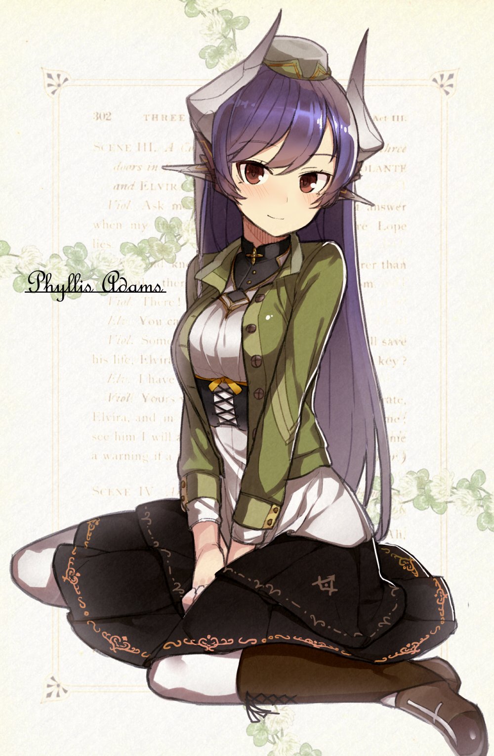 1girl blush boots breasts brown_boots brown_eyes character_name closed_mouth cross-laced_footwear hat highres hitoshi_(hitoishi_14n2i5) horns jacket long_hair long_sleeves looking_at_viewer medium_breasts mini_hat open_clothes open_jacket original purple_hair shirt sitting skirt solo text v_arms wariza white_legwear white_shirt