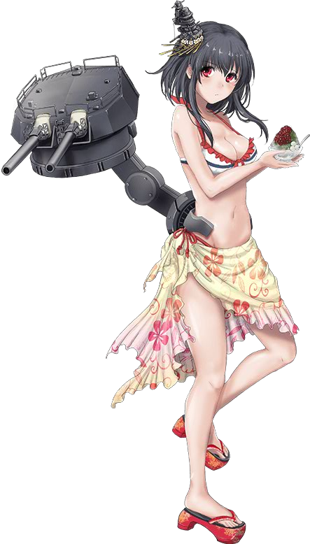 1girl bare_shoulders bikini black_hair breasts food hair_ornament headgear kantai_collection looking_at_viewer machinery midriff navel official_art red_eyes rikka_(rikka331) sandals short_hair solo swimsuit transparent_background turret yamashiro_(kantai_collection)