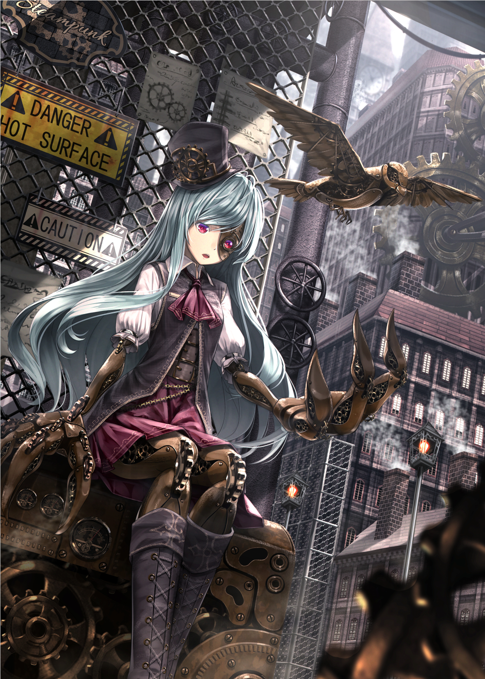 1girl aqua_hair blurry boots brick buckle building clock clock_tower collared_shirt cravat cross-laced_footwear day depth_of_field dress dutch_angle fence gears gradient_eyes hat highres knee_boots lace-up_boots lamppost long_hair machinery mecha_musume mechanical_arms mechanical_bird mechanical_hand mechanical_legs multicolored_eyes open_mouth original outdoors paper pipes red_eyes ryosios shirt sign silver_hair sitting smokestack solo steampunk steampunk_girl_(ryosios) top_hat tower violet_eyes warning_sign