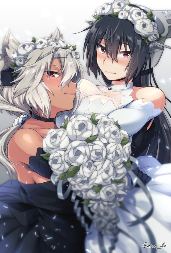 2girls arms_around_waist asymmetrical_docking bangs black_dress black_hair blonde_hair blush bouquet breast_press breasts choker cleavage commentary_request dark_skin dress elbow_gloves flower glasses glasses_on_head gloves hair hair_flaps hairband head_wreath headgear ikeshita_moyuko kantai_collection large_breasts long_hair looking_at_viewer multiple_girls musashi_(kantai_collection) nagato_(kantai_collection) nose_blush red_eyes sidelocks sketch sleeveless sleeveless_dress smile strapless strapless_dress twitter_username wedding_dress white_background white_dress