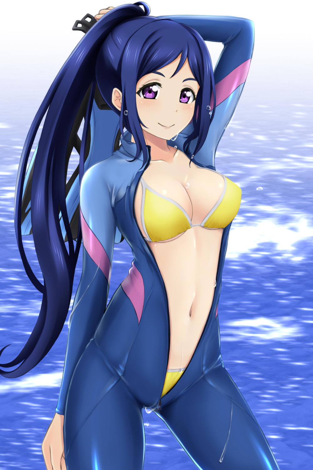 1girl arm_behind_head bikini blue_hair blush breasts diving_suit highres long_hair looking_at_viewer love_live! love_live!_sunshine!! matsuura_kanan navel nonaka_chikin ponytail smile solo swimsuit swimsuit_under_clothes violet_eyes wet