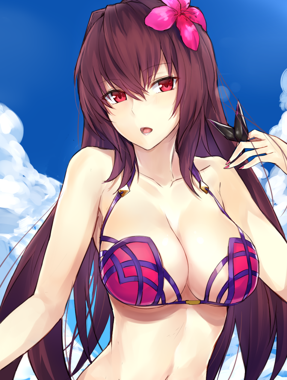 1girl bikini breasts cleavage fate/grand_order fate_(series) flower hair_flower hair_ornament highres kyouki looking_at_viewer nail_polish navel open_mouth purple_hair purple_nails red_eyes scathach_(fate/grand_order) scathach_(swimsuit_assassin)_(fate) solo swimsuit
