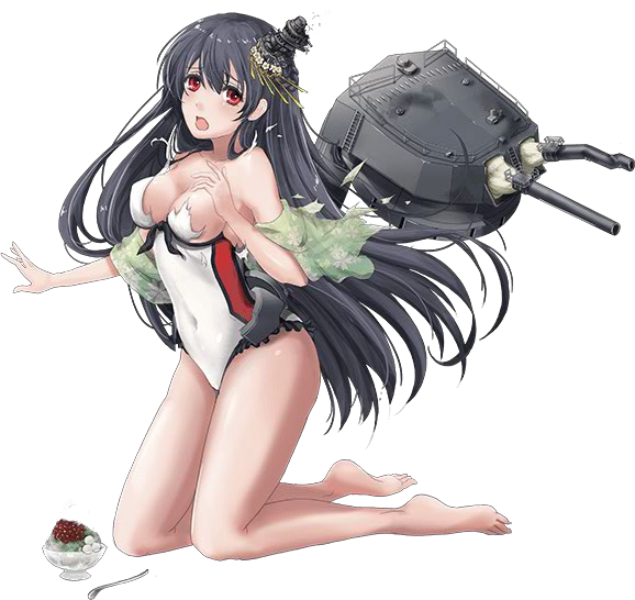 1girl bare_shoulders barefoot bikini black_hair breasts broken covered_navel food frilled_swimsuit frills fusou_(kantai_collection) hair_ornament headgear kantai_collection kneeling long_hair looking_at_viewer machinery official_art one-piece_swimsuit open_mouth red_eyes rikka_(rikka331) solo spoon swimsuit torn_clothes torn_swimsuit transparent_background turret very_long_hair
