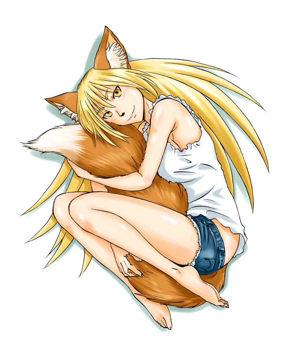 1girl animal_ears barefoot blonde_hair breasts character_request cutoffs denim denim_shorts firefox fox_ears fox_tail gate_-_jieitai_ka_no_chi_nite_kaku_tatakaeri long_hair medium_breasts parody sao_satoru shorts sleeveless solo tail tail_hug yellow_eyes