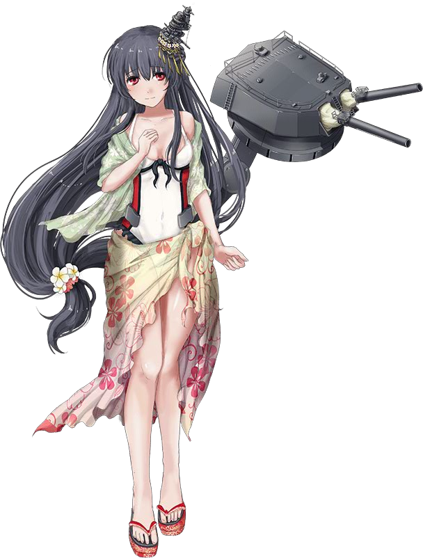 1girl bare_shoulders bikini black_hair breasts collarbone covered_navel full_body fusou_(kantai_collection) hair_ornament headgear kantai_collection long_hair low-tied_long_hair machinery official_art one-piece_swimsuit red_eyes rikka_(rikka331) sandals smile solo standing swimsuit tied_hair transparent_background turret very_long_hair