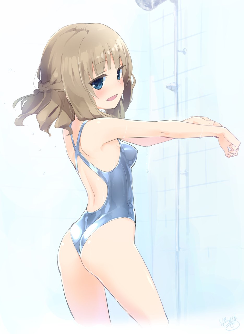 1girl ass blue_eyes blue_swimsuit blush brown_hair competition_swimsuit cowboy_shot cropped_legs flat_ass from_behind from_side half_updo highres homura_subaru looking_at_viewer one-piece_swimsuit open_mouth original short_hair shower solo swimsuit