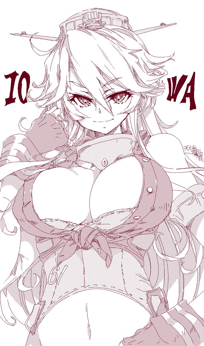1girl alabaster_(artist) breasts character_name elbow_gloves eyebrows eyebrows_visible_through_hair fingerless_gloves front-tie_top gloves hair_between_eyes iowa_(kantai_collection) kantai_collection large_breasts long_hair monochrome navel smile solo star star-shaped_pupils symbol-shaped_pupils upper_body