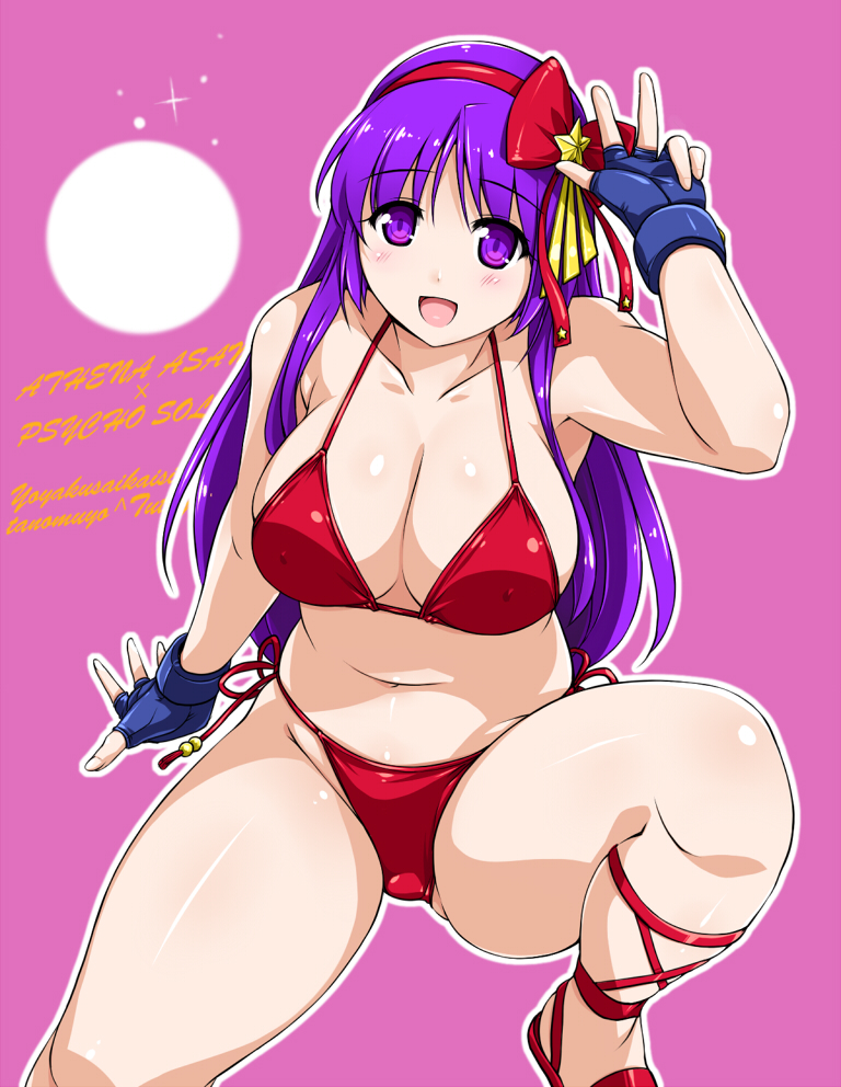 1girl asamiya_athena bikini blush breasts cleavage fingerless_gloves gloves hairband king_of_fighters large_breasts long_hair looking_at_viewer navel open_mouth plump purple_hair smile solo swimsuit the_king_of_fighters violet_eyes yukitaka