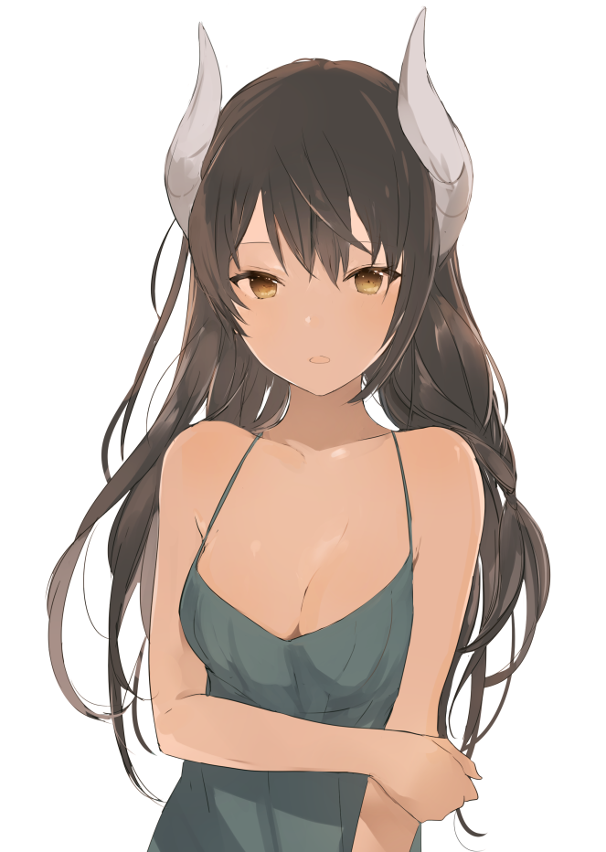 1girl :o bare_arms bare_shoulders breasts brown_hair cleavage dark_skin dress green_dress hand_on_own_arm holding_arm horns long_hair looking_at_viewer lp_(hamasa00) lpip medium_breasts open_mouth original simple_background sleeveless sleeveless_dress solo sundress upper_body white_background yellow_eyes