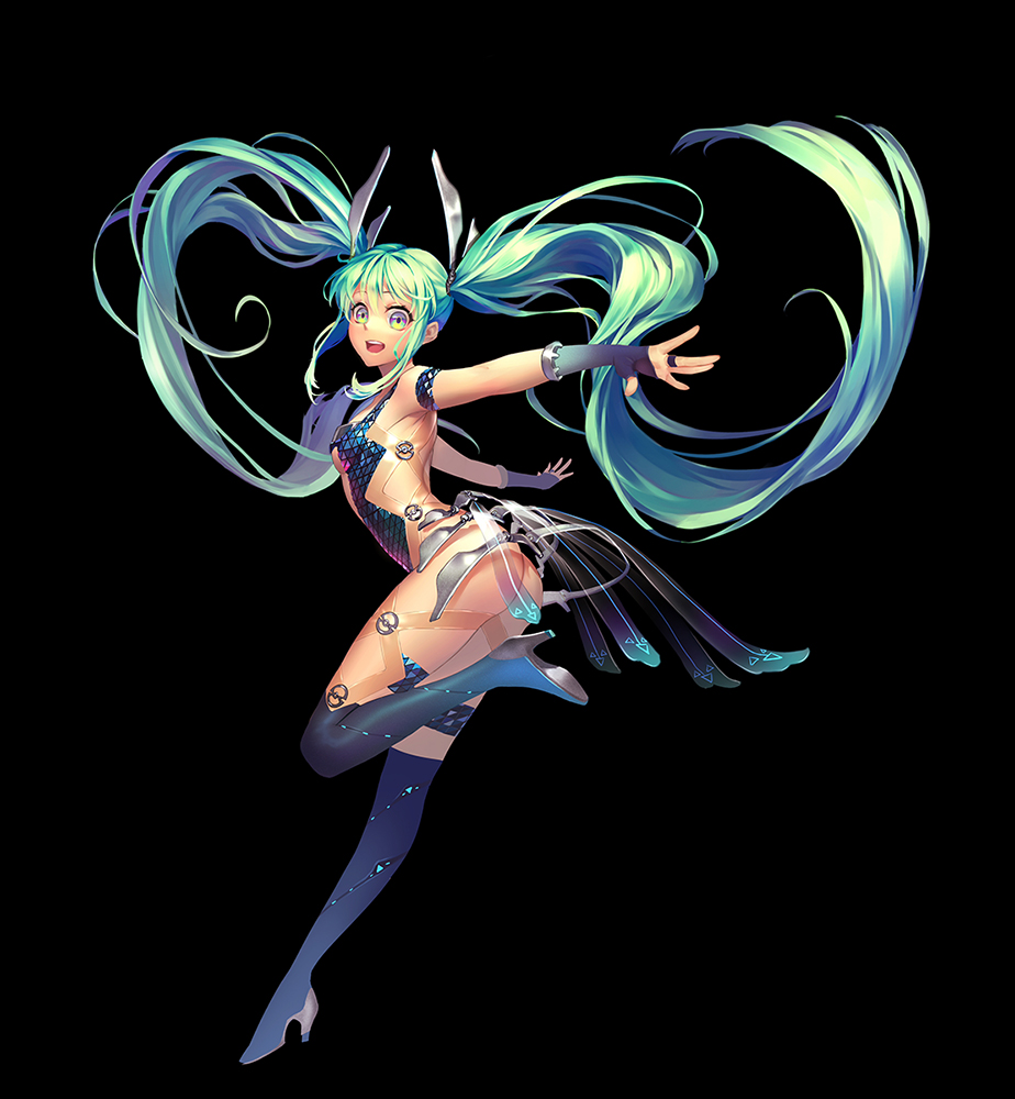 1girl :d aqua_eyes aqua_hair armlet ass bangs black_background black_boots black_gloves blue_boots boots breasts eyelashes fingerless_gloves floating_hair from_side full_body gloves glowing gradient green_eyes green_hair hair_ornament hatsune_miku high_heel_boots high_heels jewelry leg_up liusang long_hair open_mouth outstretched_arms ring see-through shade sidelocks simple_background sleeveless small_breasts smile solo standing standing_on_one_leg twintails under_boob very_long_hair vocaloid