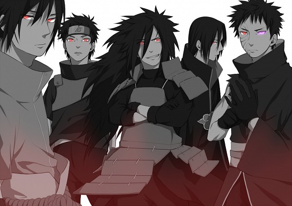 5boys armor bangs black_hair forehead forehead_protector gloves headband konohagakure_symbol long_hair looking_at_viewer male_focus monochrome multiple_boys naruto naruto_shippuuden purple_eye red_eyes rinnegan sharingan short_hair spiky_hair spot_color uchiha_itachi uchiha_madara uchiha_obito uchiha_sasuke uchiha_shisui white_background