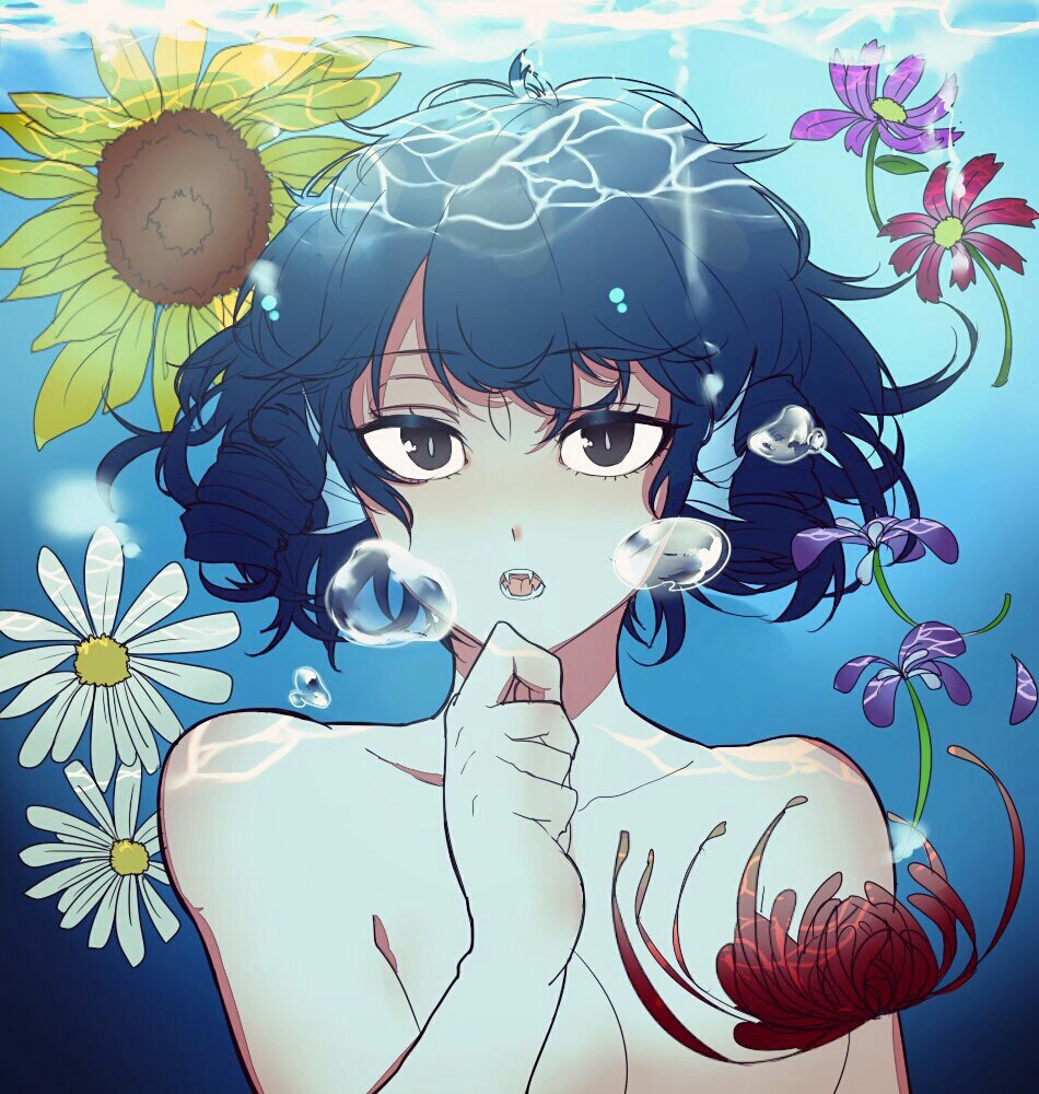 1girl blue_eyes blue_hair bubble convenient_censoring daisy fangs flower head_fins looking_at_viewer nude open_mouth short_hair solo spider_lily sunflower tenki_(kinmop3363) touhou underwater upper_body wakasagihime