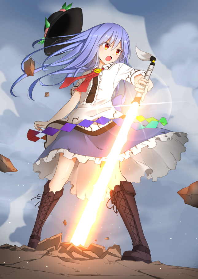 1girl bangs black_hat blue_hair blue_skirt boots brown_boots clouds commentary_request cross-laced_footwear day food frilled_skirt frills fruit full_body hair_between_eyes hat hat_flying_off hinanawi_tenshi knee_boots leaf light long_hair neck_ribbon open_mouth orange_eyes outdoors peach red_ribbon ribbon rock shirt short_sleeves skirt sky solo standing sword sword_of_hisou touhou weapon white_shirt xialuluo_(sharuro)