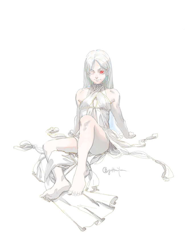 1girl albino artist_name b.c.n.y. barefoot cleavage_cutout feet female full_body kumo-chan kumo_desu_ga_nani_ka? long_hair one_eye_closed pale_color pale_skin reclining red_eyes simple_background solo spoilers white_background white_hair