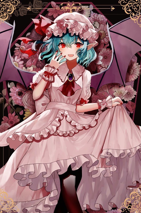 1girl :d arm_up ascot bangs bat_wings black_legwear bow breasts commentary dress dress_bow eyebrows_visible_through_hair fang floral_background flower frilled_dress frilled_shirt_collar frills hat hat_ribbon light_blue_hair looking_at_viewer mob_cap nail_polish open_mouth pink_dress pointy_ears puffy_short_sleeves puffy_sleeves red_bow red_eyes red_nails red_neckwear red_ribbon remilia_scarlet ribbon rose sakizaki_saki-p short_hair short_sleeves skin_fang skirt_hold small_breasts smile solo touhou upper_body vampire wings wrist_cuffs