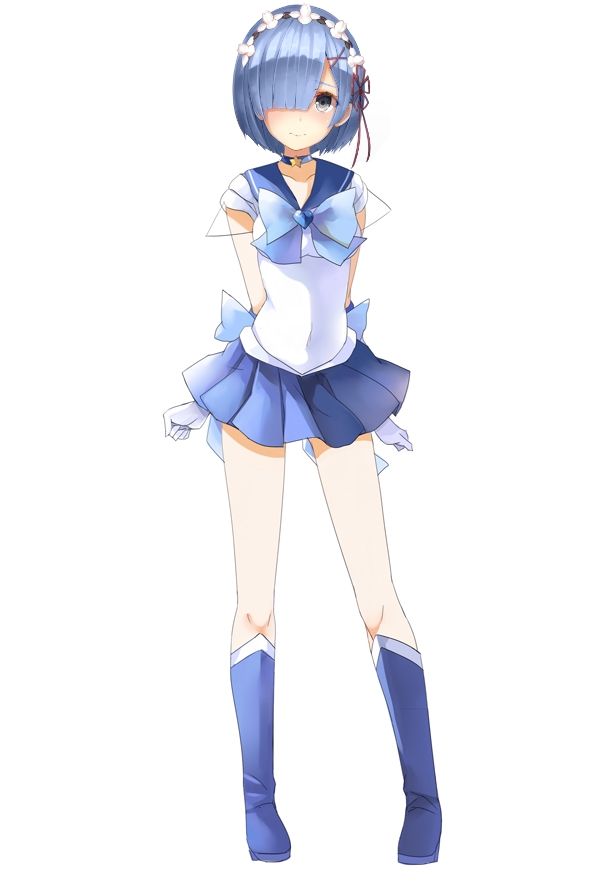 1girl bad_id bishoujo_senshi_sailor_moon blue_boots blue_eyes blue_hair blue_skirt boots bow brooch choker cosplay full_body gloves jewelry knee_boots magical_girl pleated_skirt re:zero_kara_hajimeru_isekai_seikatsu rem_(re:zero) ribbon sailor_collar sailor_mercury_(cosplay) short_hair skirt solo standing super_sailor_mercury_(cosplay) thighs tiara white_background white_gloves