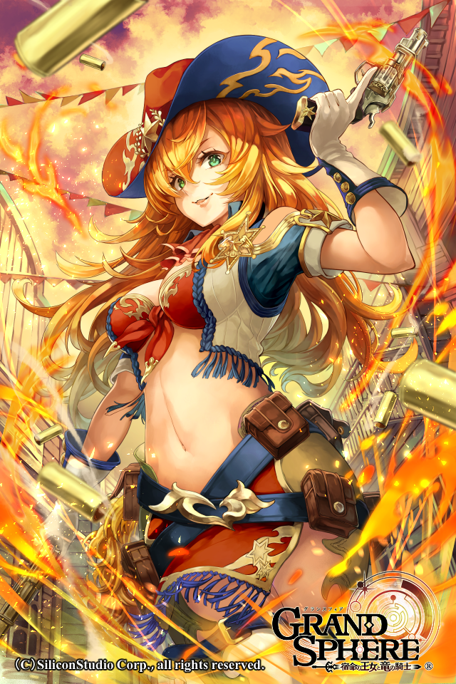 1girl badge bandeau bangs belt_pouch blonde_hair breasts brown_gloves closed_mouth clouds company_name cowboy_hat crop_top cropped_legs dearrose dual_wielding eyelashes fire fringe from_below front-tie_top gloves grand_sphere gun hair_between_eyes hand_up hat holding holding_gun holding_weapon light_particles lips long_hair looking_at_viewer looking_down medium_breasts midriff motion_blur navel official_art outdoors shell_casing sheriff_badge short_sleeves sky smile solo star stomach string_of_flags trigger_discipline weapon white_gloves wild_west