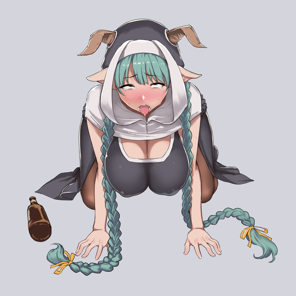 1girl ahegao all_fours aqua_hair blush braid breasts cleavage drunk erect_nipples female granblue_fantasy gray_background hanging_breasts huge_breasts large_breasts long_hair memememe nun open_mouth pantyhose pointy_ears rumredda simple_background solo tears tongue twin_braids