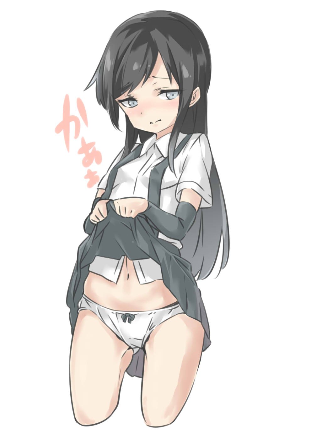 1girl 3: arm_warmers asashio_(kantai_collection) bangs black_hair blue_eyes blush bow bow_panties breasts closed_mouth collared_shirt cowboy_shot cropped_legs ebifurya eyebrows eyebrows_visible_through_hair highres kantai_collection lifted_by_self long_hair looking_away navel nose_blush panties shirt short_sleeves sidelocks simple_background skirt skirt_lift small_breasts solo stomach suspender_skirt suspenders underwear white_background white_panties white_shirt