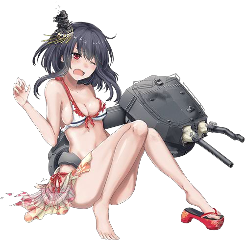1girl bare_shoulders barefoot bikini black_hair breasts broken collarbone geta hair_ornament headgear kantai_collection knees_together_feet_apart lowres machinery medium_breasts official_art one_eye_closed open_mouth red_eyes red_shoes rikka_(rikka331) shoes short_hair single_shoe sitting solo swimsuit torn_clothes transparent_background turret yamashiro_(kantai_collection)