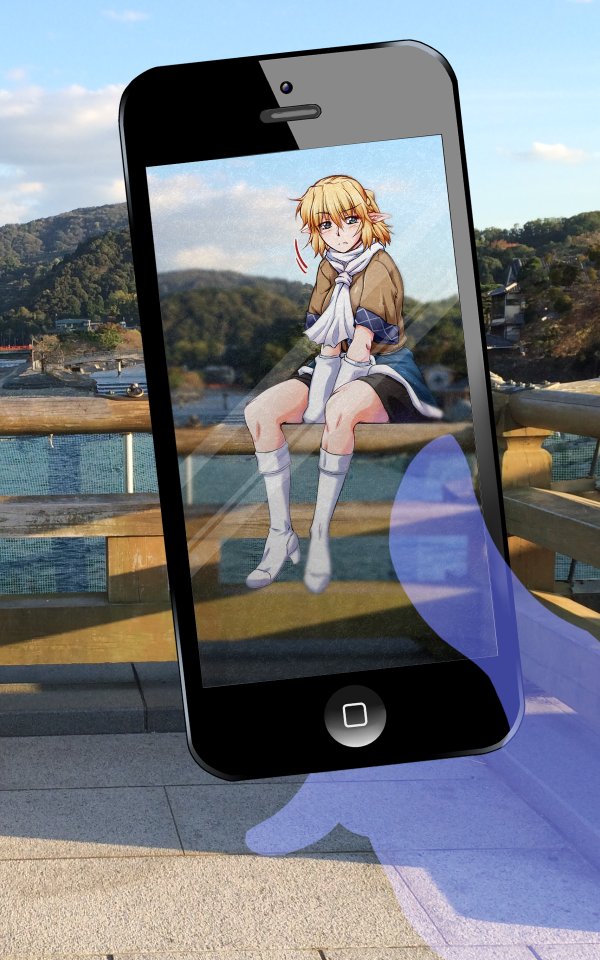 1girl arm_warmers bangs between_legs blonde_hair blue_sky cellphone commentary_request green_eyes hand_between_legs iphone jacket japanese_clothes kneehighs lake looking_at_viewer mizuhashi_parsee mountain ootsuki_wataru parody phone photo_background pointy_ears pokemon pokemon_go railing scarf short_hair short_ponytail sidelocks sitting_on_railing skirt sky smartphone solo thumb touhou viewfinder