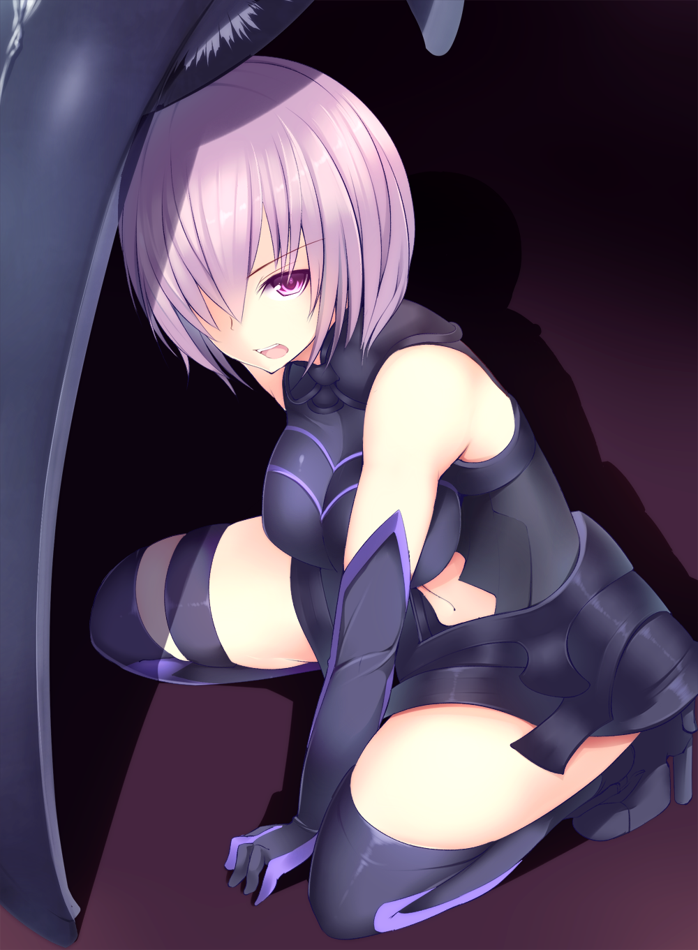 1girl armor armored_dress bare_shoulders black_dress black_legwear boots breasts dress elbow_gloves fate/grand_order fate_(series) gloves hair_over_one_eye highres kneeling large_breasts looking_at_viewer open_mouth purple_hair shield shielder_(fate/grand_order) short_hair sleeveless sleeveless_dress solo sukage thigh-highs thigh_boots violet_eyes