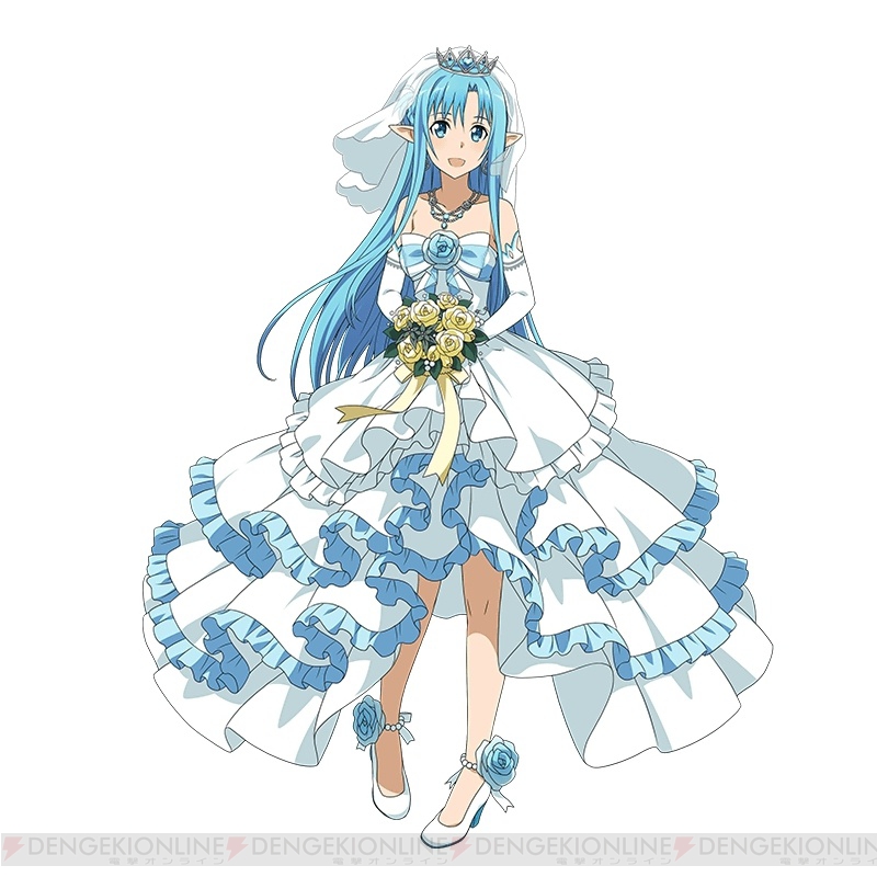 1girl asuna_(sao) asuna_(sao-alo) blue_eyes blue_hair bouquet bridal_veil dress elbow_gloves flower frilled_dress frills gloves high_heels holding library long_hair open_mouth pointy_ears shoes simple_background solo sword_art_online sword_art_online:_code_register tiara veil voile watermark wedding_dress white_background white_gloves white_shoes