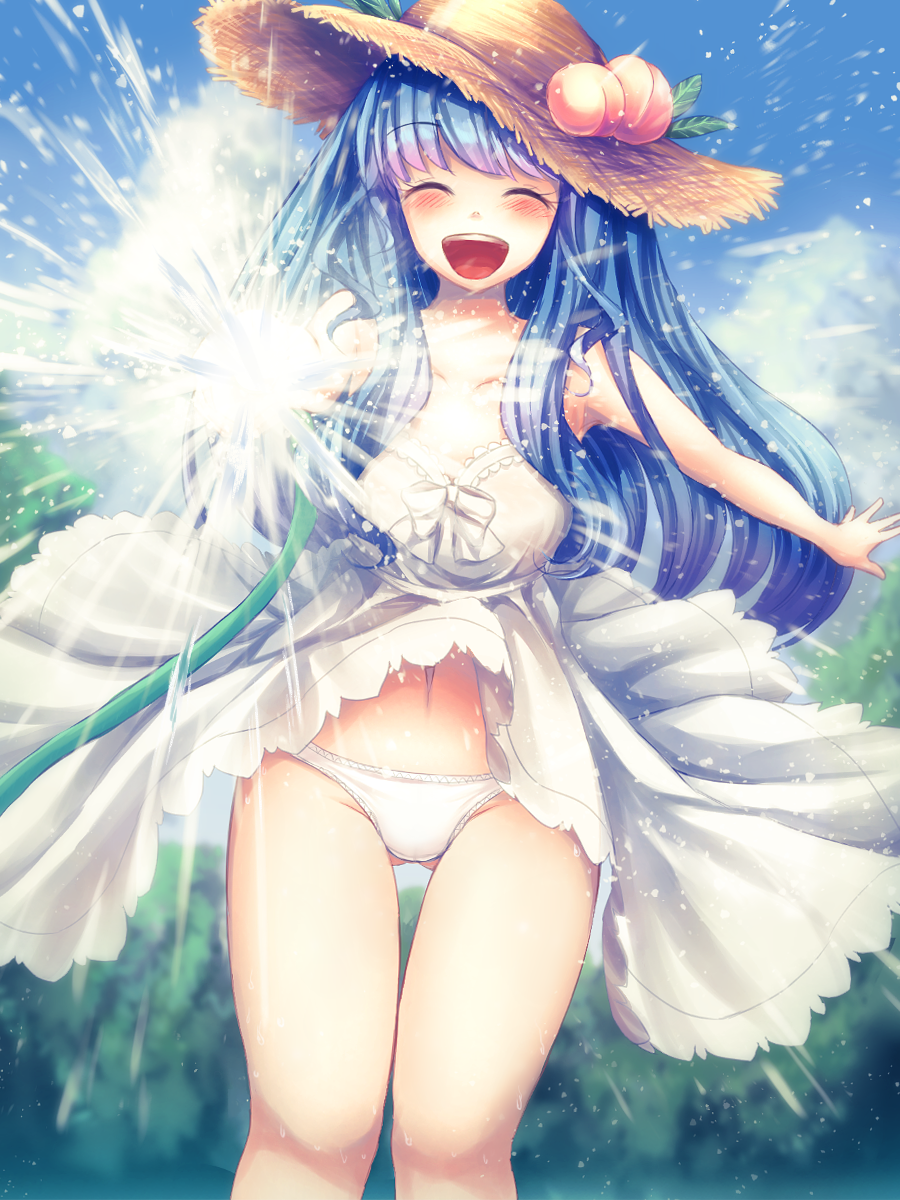 1girl ^_^ aiming_at_viewer alternate_costume alternate_headwear blue_hair blue_sky blurry_background blush breasts closed_eyes clouds collarbone cowboy_shot day dress dress_lift dutch_angle food forest fruit happy hat highres hinanawi_tenshi hose long_hair nature navel open_mouth outstretched_arm panties pantyshot pantyshot_(standing) peach sky sleeveless sleeveless_dress smile solo standing strapless straw_hat sundress t.m_(aqua6233) teeth thigh_gap thighs tongue touhou tree underwear upskirt water white_dress white_panties wind wind_lift