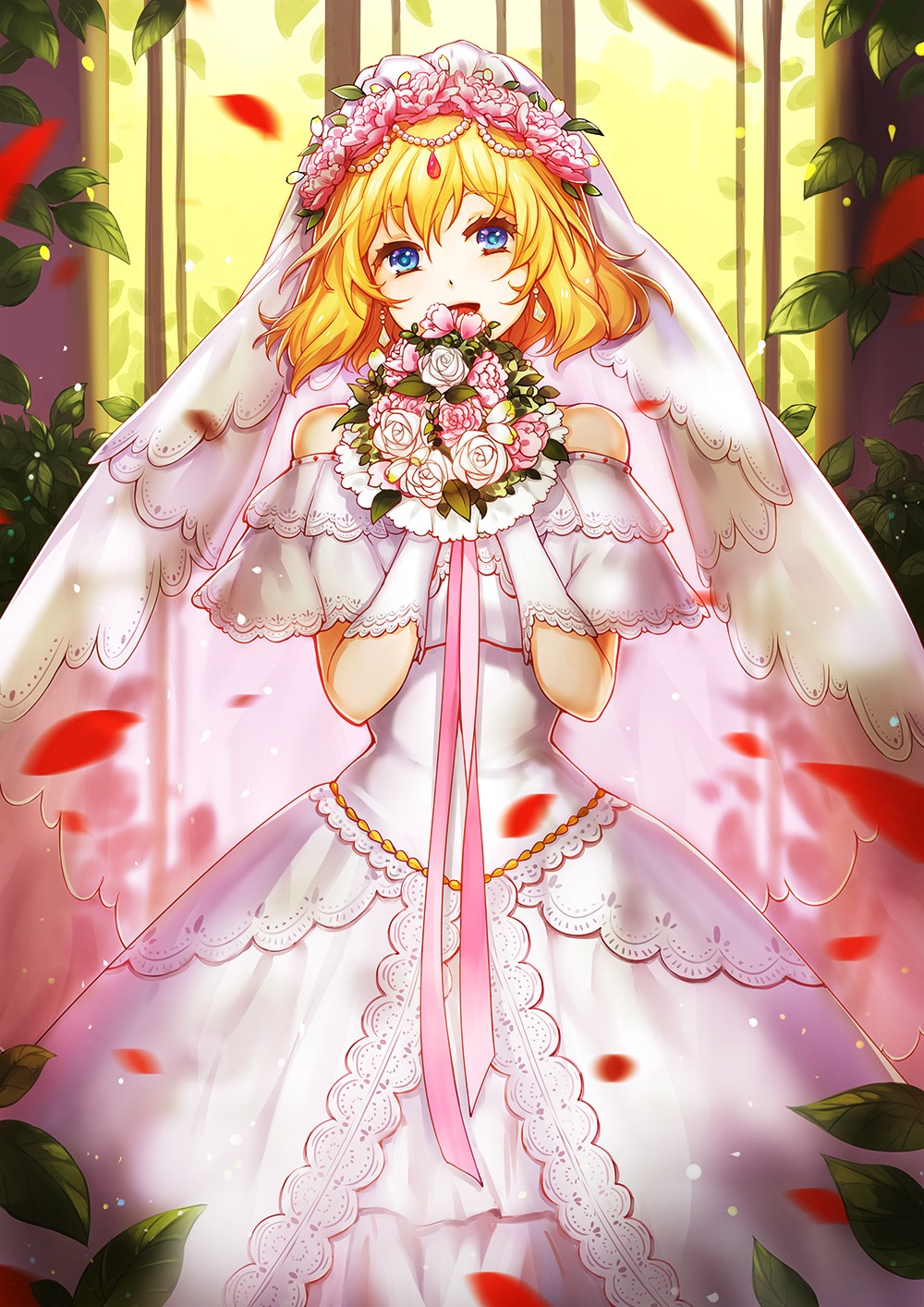 1girl alice_margatroid alternate_costume bare_shoulders blonde_hair blue_eyes bouquet bridal_veil bride cowboy_shot dress earrings elbow_gloves flower gloves highres jewelry leaf open_mouth pink_ribbon plant ribbon see-through short_hair smile solo standing touhou veil vetina wedding_dress white_dress white_gloves